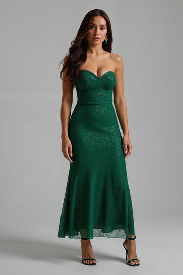 Robe longue de vacances sans bretelles vert foncé scintillante